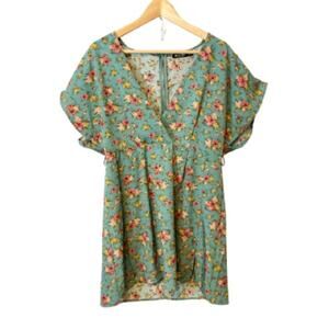 Nasty Gal Floral Crossover V-Neck Short Flounce Sleeves Slit Mini Dress